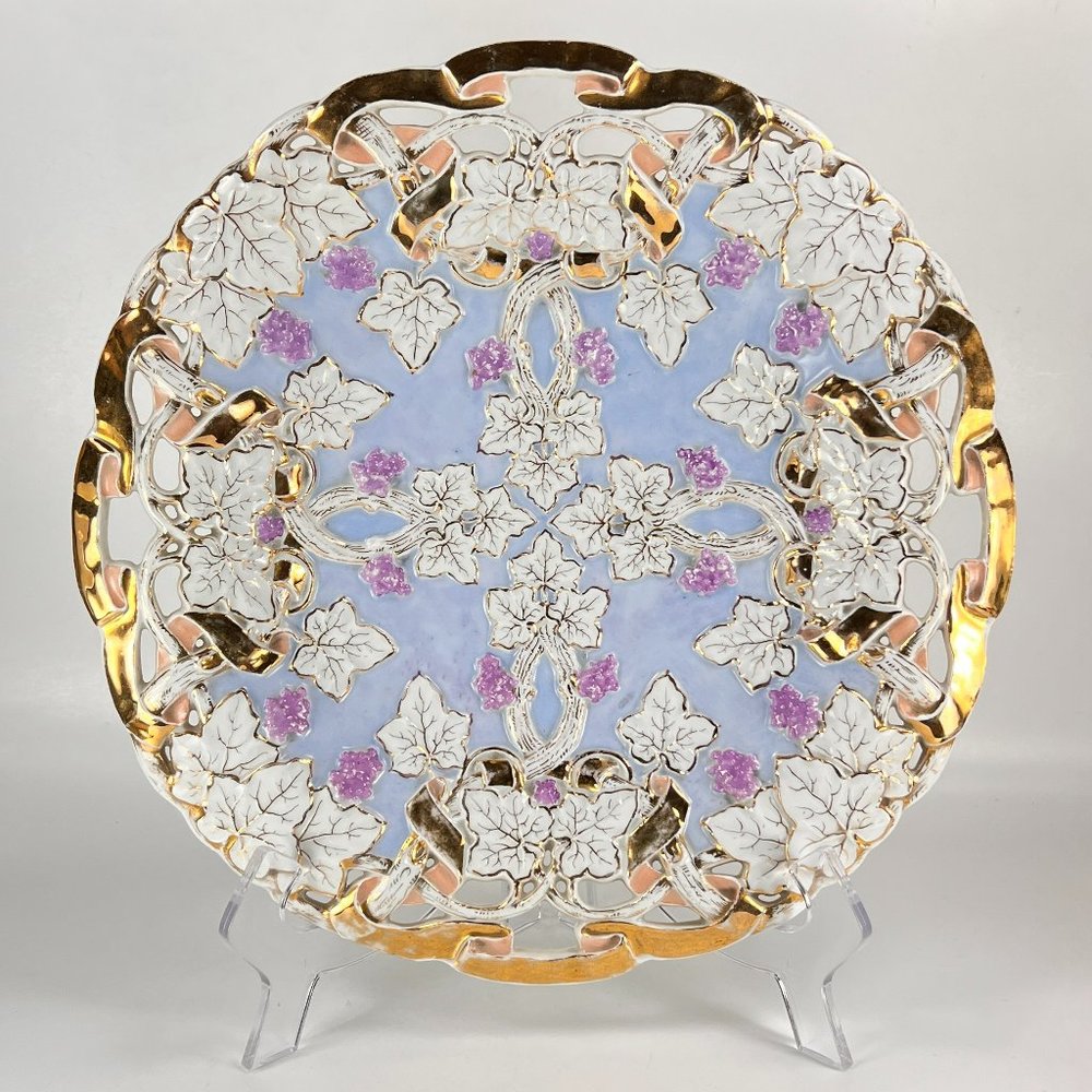 Antique Meissen Porcelain Bowl Plate Vine Pomp Relief Pierced Reticulated